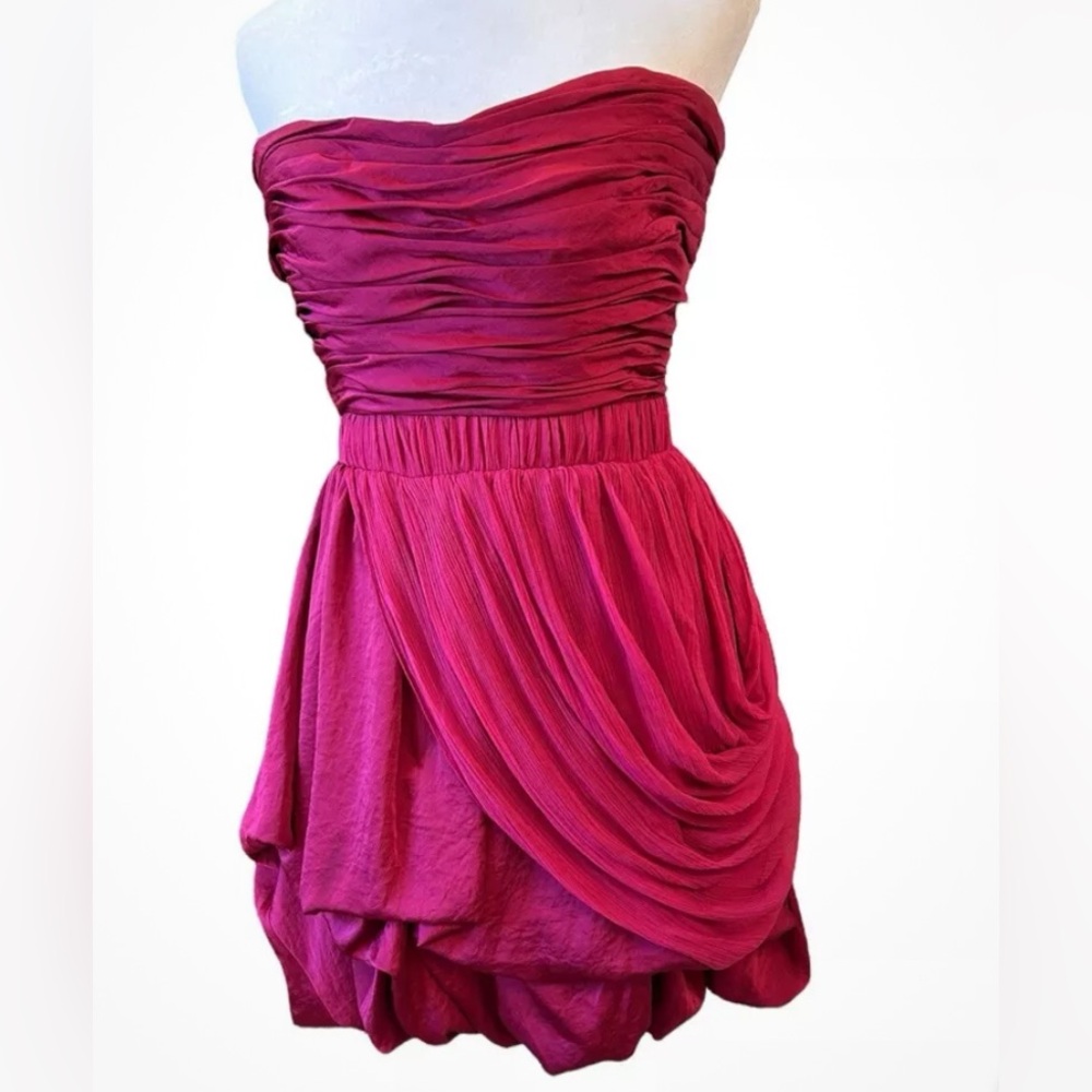 Vintage Y2K ruched bubble hem layered strapless fushia mini dress S